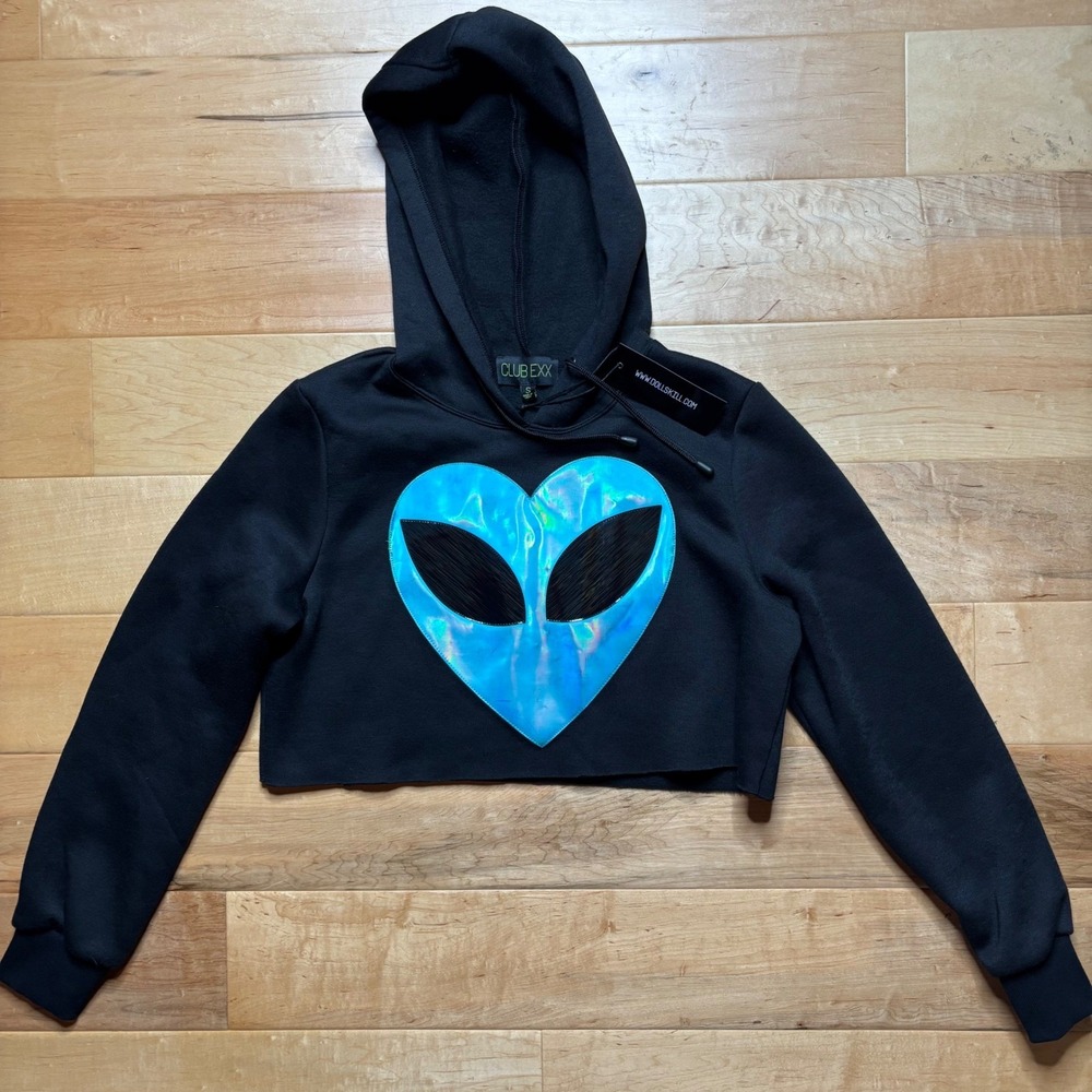Club Exx Holographic Alien Black Hoodie Cropped Women S Dolls Kill Pullover NWT